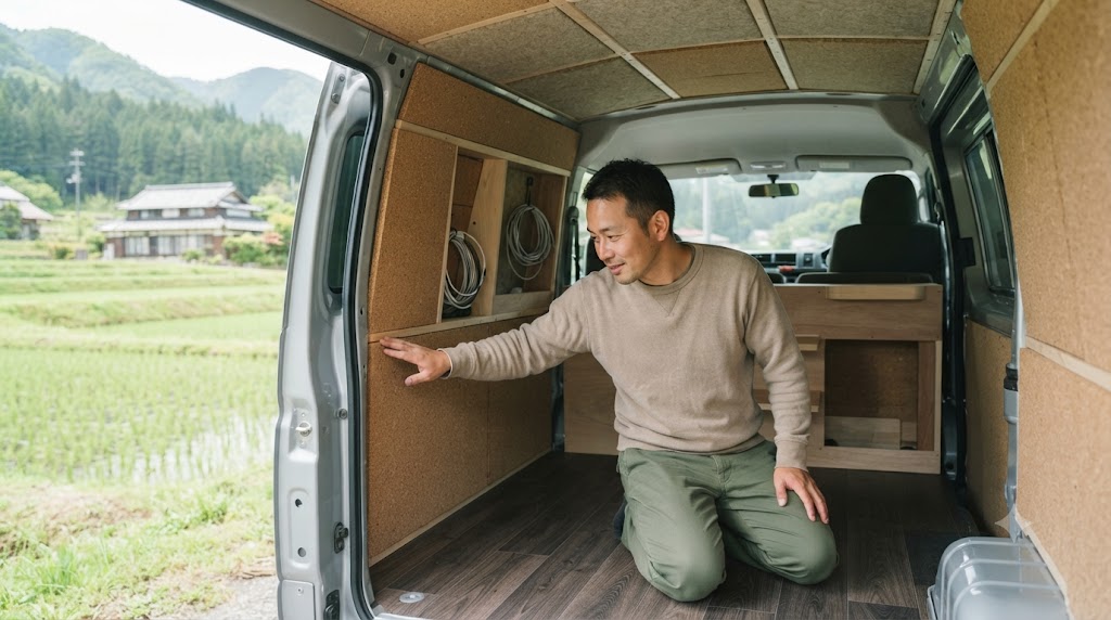 断熱材施工中の車内を表すイメージ画像